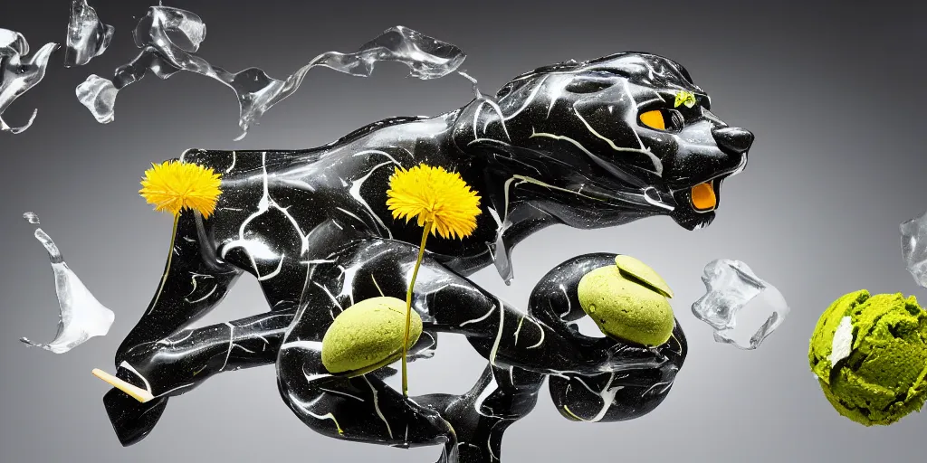 Prompt: abstract composition representing a panther created by a mixture of pistachio ice cream, black marble, dandelions and coca cola being thrown around by centrifugal forces, brilliant museum sculpture, award winning photo, 4k