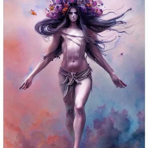 Image similar to full body portrait, long shot, Crucifixion pose, of a beautiful goddess, sworming in flowers, magical, pale skin, blue eyes, long black hair, floating in a misty daze, by pete mohrbacher and greg rutkowski, watercolor painting, deviantart, pinterest