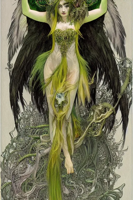 Image similar to highly detailed, intricate stunning image of harpy angel girl, feathered long hair, talons, claws, green and yellow palette, horns, bones in style of alfonson mucha, grey and white, pale, stunning atmosphere, animal and monster by h. r. giger and peter mohrbacher