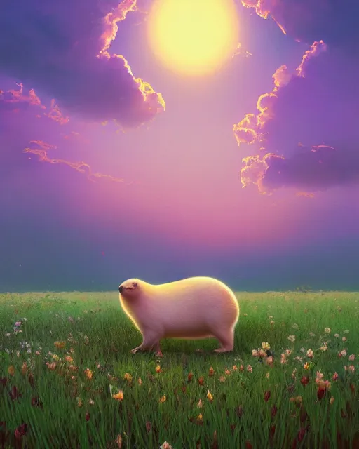 Image similar to white capybara!! looking at the sun in a flower field, surreal photography, sunrise dramatic light, impressionist painting, colorful clouds, digital painting, artstation, kilian eng, john harris, bastien lecouffe - deharme, simon stalenhag, flower face