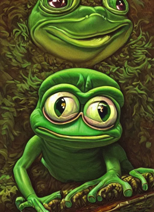 Image similar to portrait of Pepe the Frog, highly detailed, centered, solid color background, digital painting, artstation, concept art, smooth, sharp focus, vintage grainy 1970s illustration, Basil Gogos, donato giancola, Joseph Christian Leyendecker, Les Edwards, Ed Repka, Wayne Barlowe,