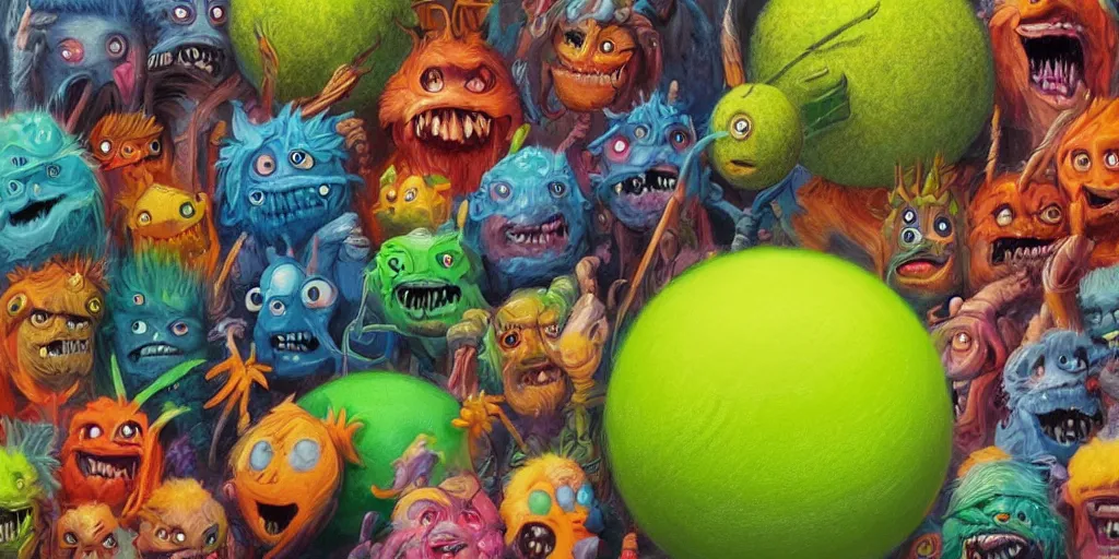 Image similar to a cinematic poster of tennis ball monsters, digital art, fantasy, magic, chalk, chalked, trending on artstation, ultra detailed, detailed, fine details, professional illustration by basil gogos