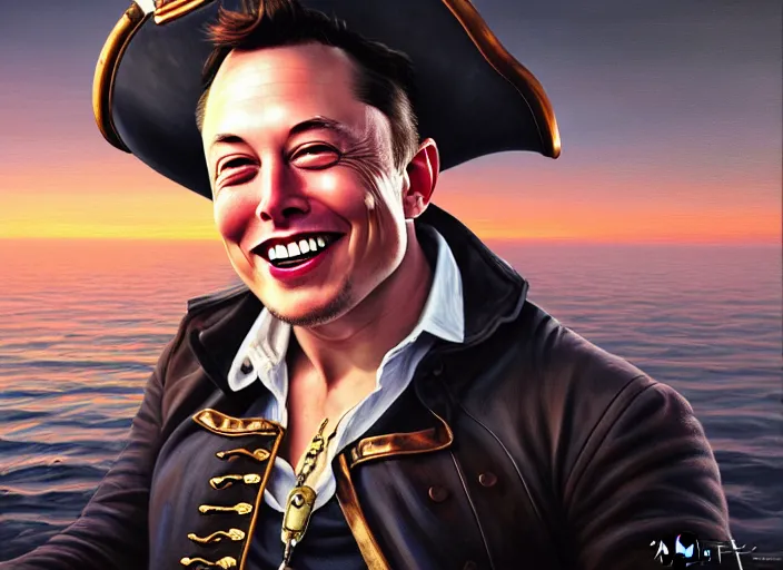 Image similar to highly detailed painting of a grinning Elon Musk as a pirate captain, proudly posing at the helm of his frigate wearing a pirate hat at dusk, artstation, cinematic lighting, hyperdetailed, cgsociety, 8k, high resolution, insanely detailed and intricate, concept art, smooth, sharp focus, illustration, art by John Philip Falter, Art Nouveau, masterpiece