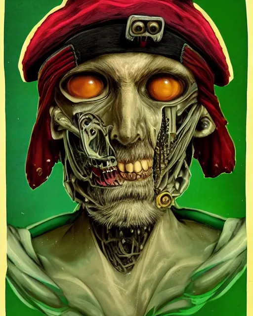 Image similar to an intimate portrait of a gnarly human cyberpunk pirate, old skin, faded hat, crooked teeth, green eyes, a look of menace, detailed matte fantasy painting