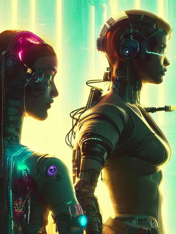 Image similar to a cyberpunk 2077 illustration half body portrait of two female android queen ,complex mess of cables and wires behind them connected to giant computer, film lighting, by laurie greasley,Lawrence Alma-Tadema,William Morris,Dan Mumford, trending on atrstation, full of color, mythological, high detailed,golden ratio,cinematic lighting