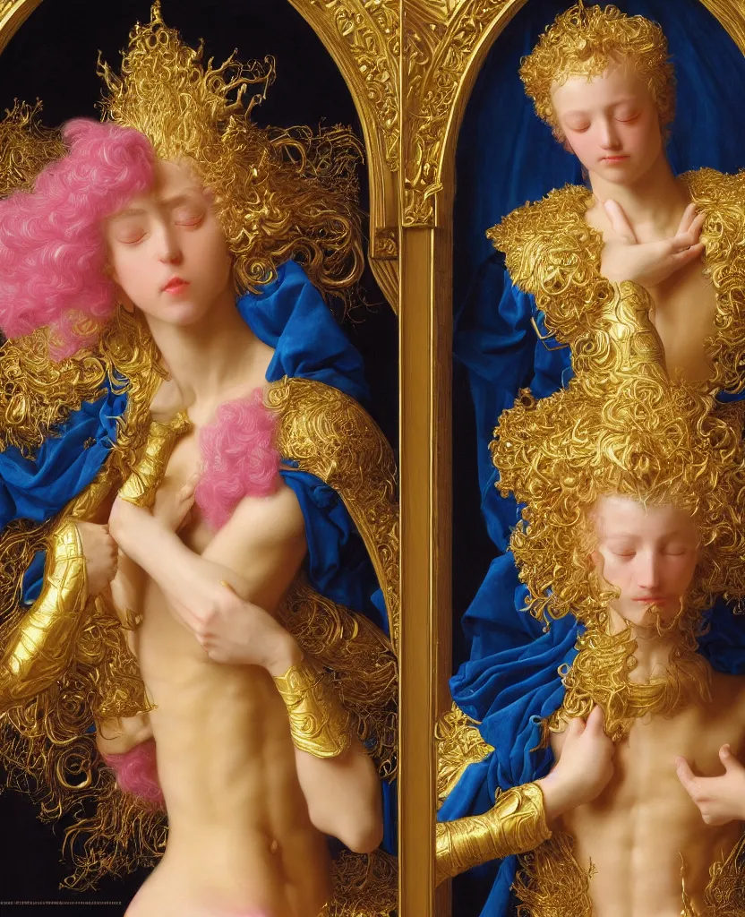 Prompt: a painting of a saint seiya golden and white ceramic toy wikth blue and pink pigments, a flemish baroque by dino valls, trending on zbrush central, classical realism, flemish baroque, hyper realism, chiaroscuro
