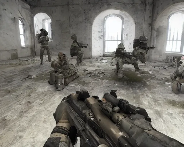 Prompt: CS:GO screenshot of a group of soldiers in an abandoned church, high exposure, dark, monochrome, camera, grainy, timestamp, zoomed in, game HUD, source engine footage, CS:GO screenshot, steam community, featured on IGN