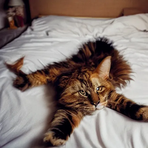Image similar to very cute huge giant large calico main coon sprawled out across entire bed, portrait, pixar style, cinematic lighting, award winning creature portrait photography
