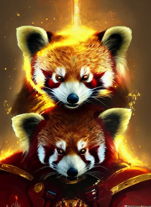 Prompt: red panda as warhammer 4 0 k emperor, gold, portrait, intricate, elegant, highly detailed, digital painting, artstation, concept art, wallpaper, smooth, sharp focus, illustration, art by artgerm and greg rutkowski and alphonse mucha