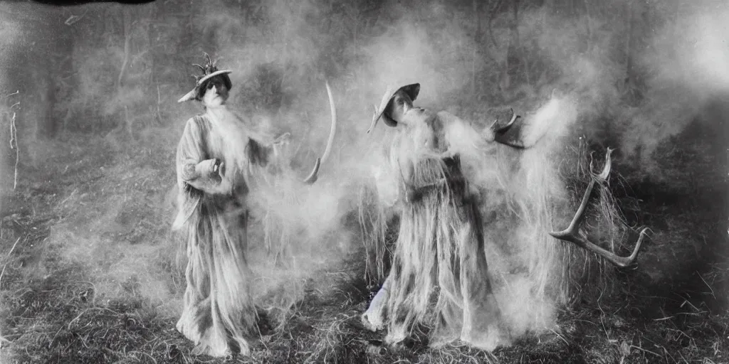 Prompt: 1 9 2 0 s spirit portrait photography of an old female farmer turning into a krampus antler ghost with hay cloth and antlers in the dolomites, smoke from mouth, casting a root spell, inviting hand, witchy, wicca, by william hope, dark, eerie, grainy