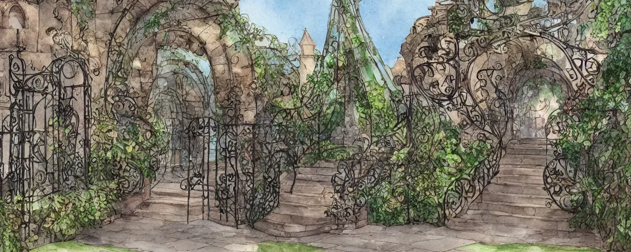 Image similar to courtyard walkway, inflatabel fountain, castle, stairway, chairs, wrought iron, gate, botanic garden, botanical herbarium paper, watercolor colored painting, iridescent colors, realistic shaded, fine, artstation, italian style, colonnade ornate headdress, craving, carved, insanely detailed