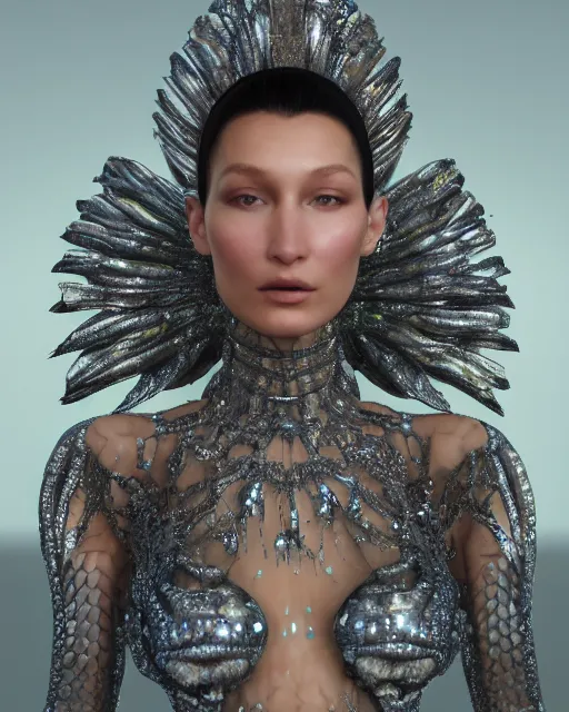 Prompt: a highly detailed metahuman 4 k close up render of an alien goddess bella hadid as alien in iris van herpen dress schiaparelli in diamonds crystals swarovski and jewelry iridescent in style of alphonse mucha gustav klimt trending on artstation made in unreal engine 4