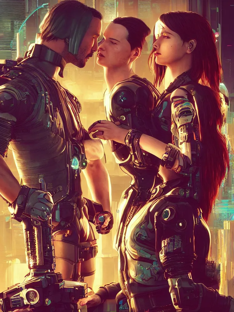 Image similar to a cyberpunk 2077 portrait of Keanu Reeves&female android in final kiss,love,film lighting,by Laurie Greasley,Lawrence Alma-Tadema,Dan Mumford,artstation,deviantart,FAN ART,full of color,Digital painting,face enhance,highly detailed,8K,octane,golden ratio,cinematic lighting