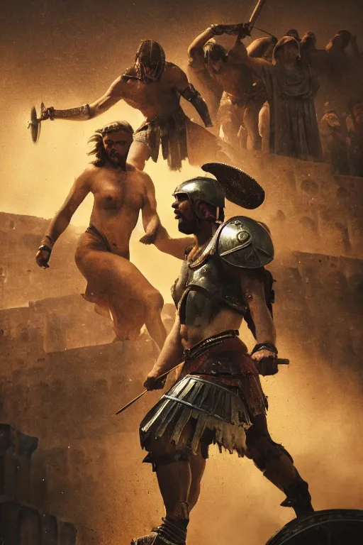 Prompt: Movie poster of a Roman gladiator duel to the death, out of focus colosseum with spectators in background, in the style of Greg Rutkowski and Ace Powell and Jean Giraud, extremely moody lighting, glowing light and shadow, atmospheric, shadowy, cinematic