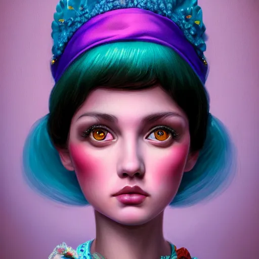 Prompt: a portrait of an beautiful young women, bright colors highly detailed, ultra realistic digital painting, rococo, artstation, concept art, pop, smooth, sharp focus, illustration, art by mark ryden 3 d 8 k ultra detailed