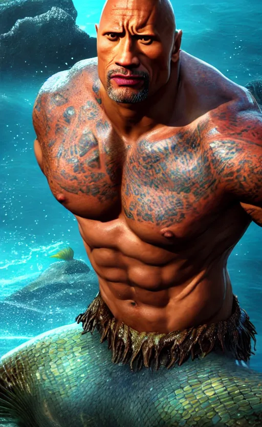 Image similar to dwayne johnson as a charming mermaid work safe dreamlike, character art, hyperdetailed, 8 k realistic, unreal engine, cryengine, dof, trending on artstation, digital art