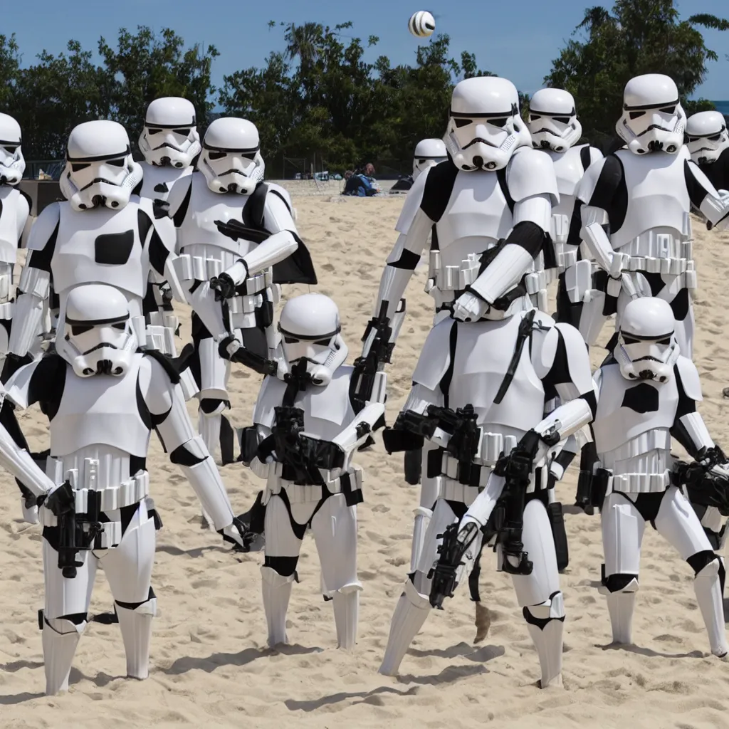 Image similar to a group of imperial stormtroopers playing beach volleyball