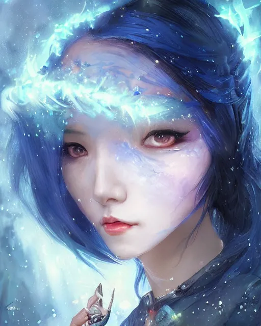 Prompt: stunningly beautiful female blue hair, cute korean actress, dj sura, fantasy art, fae priestess, lush dark forest landscape, fireflys at night, sharp focus, digital painting, 8 k, concept art, art by wlop, artgerm, greg rutkowski and alphonse mucha