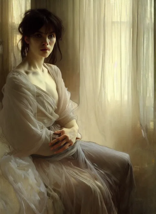 Prompt: a portrait of beautiful woman, inside a modern apartment, detailed oil painting, misty, ethereal, soft lighting, 8 k, by ruan jia and alphonse mucha