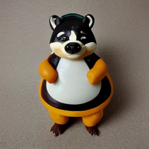 Image similar to pvc figurine of a fat badger chef holding a cake