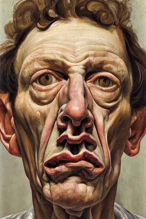 Image similar to a portrait a very ordinary face, by Lucian Freud, oil painting, anatomically correct, beautiful perfect face, sharp focus, Highly Detailed