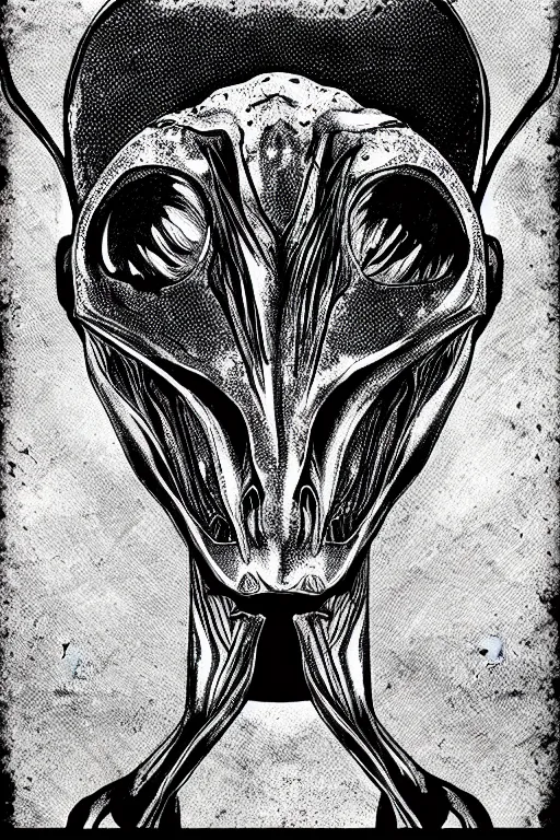 Prompt: alien black and white illustration