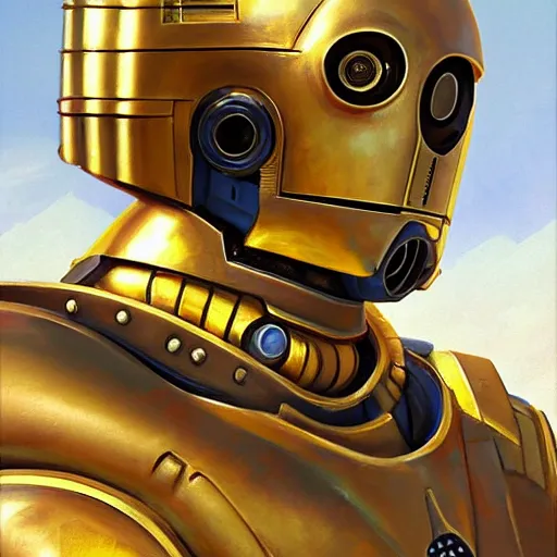 Image similar to greg manchess portrait painting of armored c 3 po as overwatch character, medium shot, asymmetrical, profile picture, organic painting, sunny day, matte painting, bold shapes, hard edges, street art, trending on artstation, by huang guangjian and gil elvgren and sachin teng