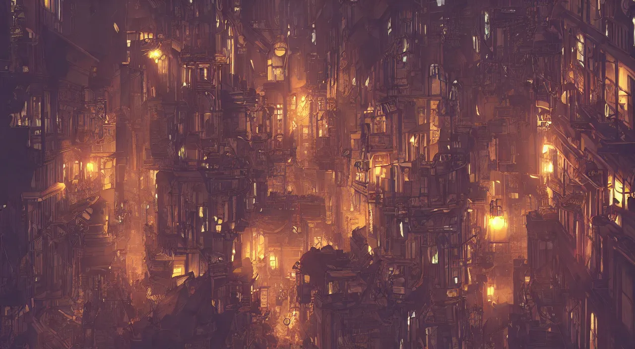 Prompt: low angle steampunk city by Tomer Hanuka, night time, streetlights, trending on artstation, octane render