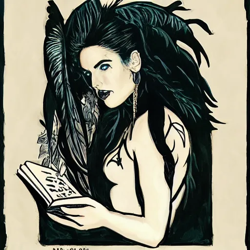 Image similar to young jennifer connelly as odile, gothic dark fae disney villain with black feathers instead of hair, girlboss, dominant, zero g, reading a book, feathers growing out of skin, pulp sci fi, mike mignola, david mack, romantic, comic book cover, vivid, beautiful, illustration, highly detailed, oil painting