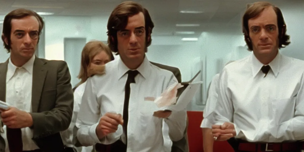 Image similar to screenshot of sharone stone as office cheif at a private company, 1 9 7 0 s psychological thriller by stanely kubrick film, color kodak, anamorphic lenses, detailed faces, moody cinematography