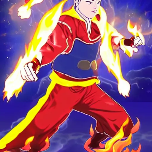 Image similar to A man with fire superpowers in the genshin impact style