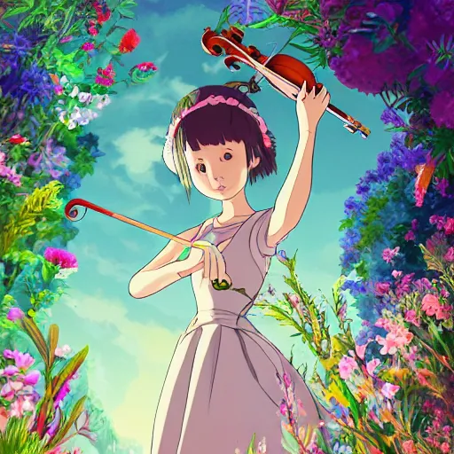 Prompt: cell shaded key visual of a young girl in a floral playing dress the violin in the style of studio ghibli, moebius, makoto shinkai,