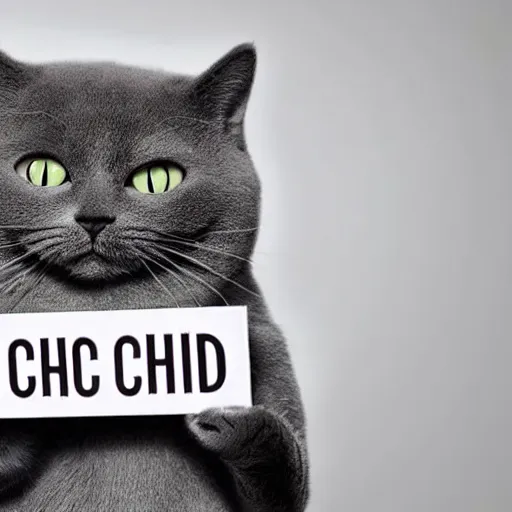 Image similar to realistic high quality photo of a cute dark grey cat and light grey cat holding a sign with text that reads : c h a d,