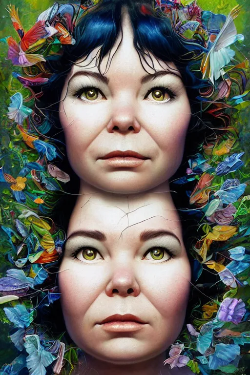 Image similar to beautiful bjork portrait by hubert robert and lee madgwick and roger dean and jacek yerka, dan mumford and alex grey style, soft lighting, 4 k hd wallpaper illustration concept joy atmospheric lighting