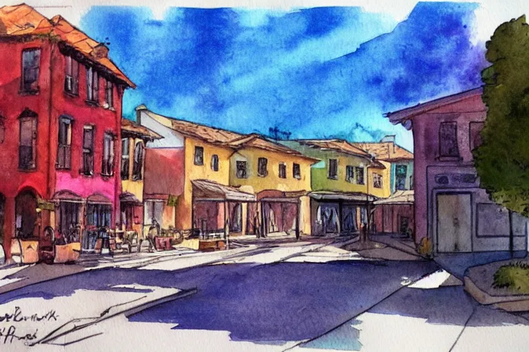 Image similar to !! watercolor!! townsquare in a sunny day, colorful high contrast,!! very coherent!!, dark shadow, thick lineart