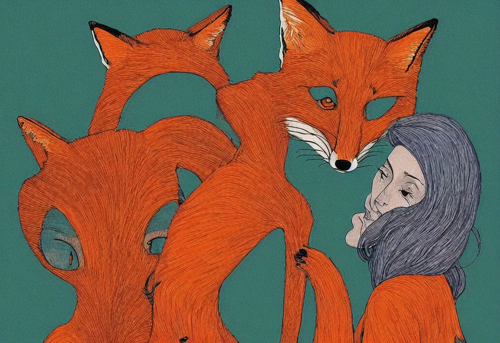 Image similar to portrait of a fox and a ( nerdy ) woman enveloped in yarn thinking of ( seventies art horror ) movies about death and chaos, by norman rockwell, pixar, studio ghibli, toei, mc escher, intricate line work, beautiful, complete light occlusion, hyper realism, trending on pinterest, artstation 8 k