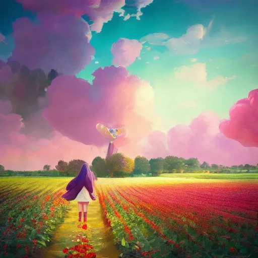 Image similar to giant rose as a head, girl walking in a flower field, surreal photography, sunrise dramatic light, impressionist painting, colorful clouds, digital painting, artstation, simon stalenhag