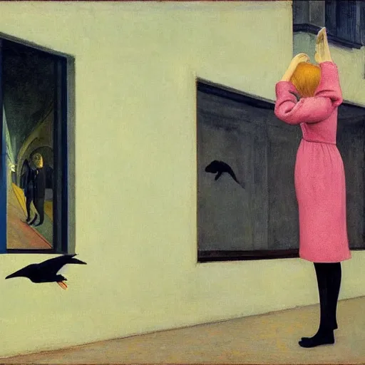 Image similar to a woman in a medieval city, a lots of crows, hyperrealistic film still by edward hopper, by gottfried helnwein, by klimt, by paolo uccello, art nouveau, highly detailed, strong lights, liminal, eerie, symbolist, bright pastel colors