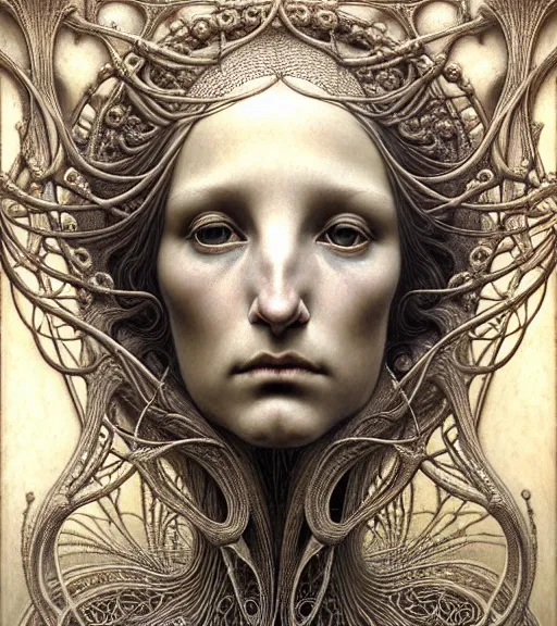 Image similar to detailed realistic beautiful bone goddess face portrait by jean delville, gustave dore, iris van herpen and marco mazzoni, art forms of nature by ernst haeckel, art nouveau, symbolist, visionary, gothic, neo - gothic, pre - raphaelite, fractal lace, intricate alien botanicals, biodiversity, surreality, hyperdetailed ultrasharp octane render