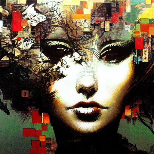 Image similar to portrait of a daydreaming woman being progressively rasterized into pixels, surrounded by digital birds, by yoji shinkawa, esao andrews and dave mckean