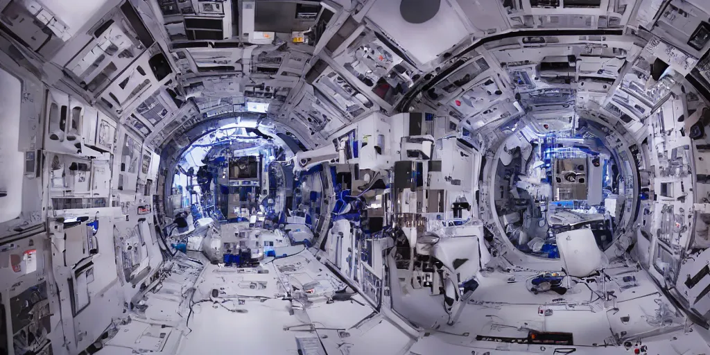 Image similar to giant speaker system music studio in the interior of an international space station. antimatter vacuum chamber particle accelerator robotic mecha modular synthesizer. photorealistic 35mm 4k cgsociety
