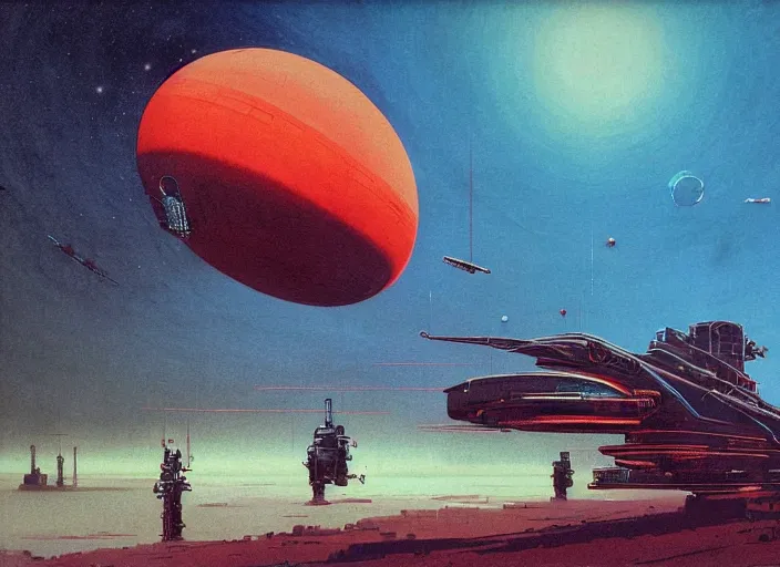 Prompt: a huge vividly - coloured spacecraft in an empty muted - coloured landscape by martin deschambault, dean ellis, peter elson, chris foss, josan gonzalez, david a hardy, john harris, wadim kashin, angus mckie, bruce pennington, retro 1 9 6 0 s sci - fi art