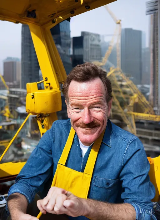 Image similar to closeup portrait of cheerful bryan cranston operating a crane, sitting in a crane, yellow hardhat, sitting in a crane, natural light, bloom, detailed face, magazine, press, photo, steve mccurry, david lazar, canon, nikon, focus