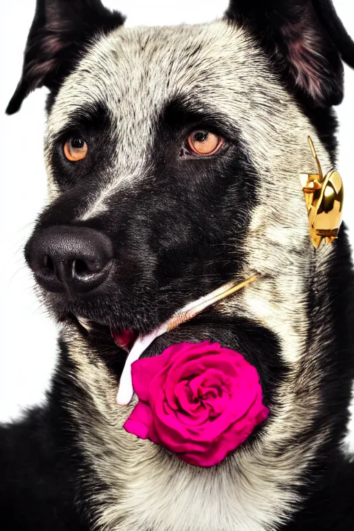 Image similar to black dog holding rose in his mouth with green eyes, gold earring on ear, studio lighting, 4 k, realistic, chromatic abberation, global illumination