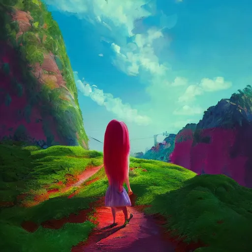 Image similar to giant cherry flower as a head, girl walking in a canyon, surreal photography, sunrise, dramatic light, impressionist painting, colorful clouds, digital painting, artstation, simon stalenhag