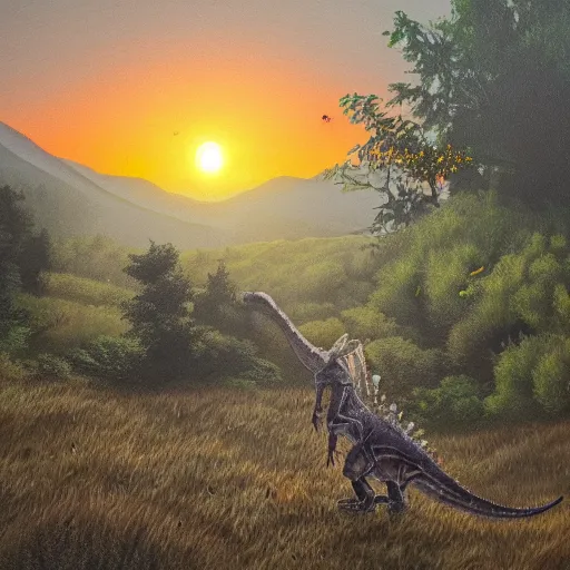 Prompt: dinosaur in the distance walking through shrubbery, over hills, misty, sunset, painting, detailed landscape
