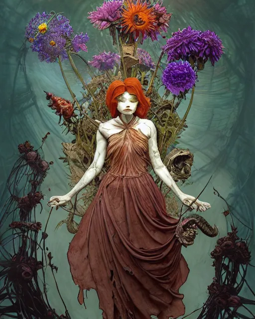 Image similar to the platonic ideal of flowers, rotting, insects and praying of cletus kasady carnage davinci dementor chtulu mandala ponyo dinotopia bioshock the witcher, d & d, fantasy, ego death, decay, dmt, psilocybin, concept art by randy vargas and greg rutkowski and ruan jia and alphonse mucha