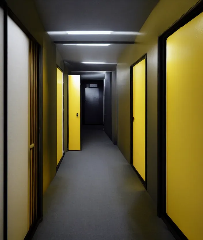 Image similar to spooky photo of a dark hallway of a japanese modern house with open lit doorways, dramatic lighting, smoke, ceiling fluorescent lighting, black and yellow colour palette