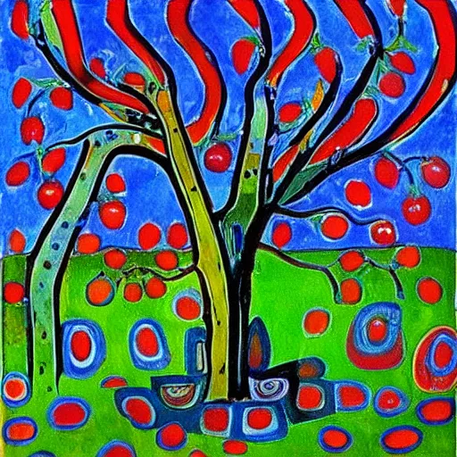 Prompt: a painting by Hundertwasser of a fruit tree, smooth, sharp, sunny