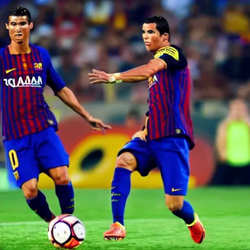 Prompt: Cristiano Ronaldo and Lionel Mess playing together in FC Barcelona. Realistic.